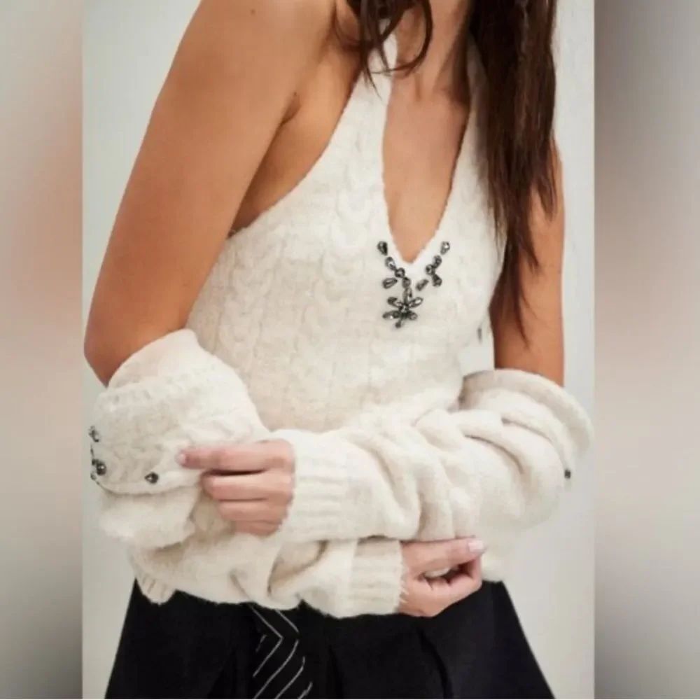 Free People Rhinestone halter in a cream
